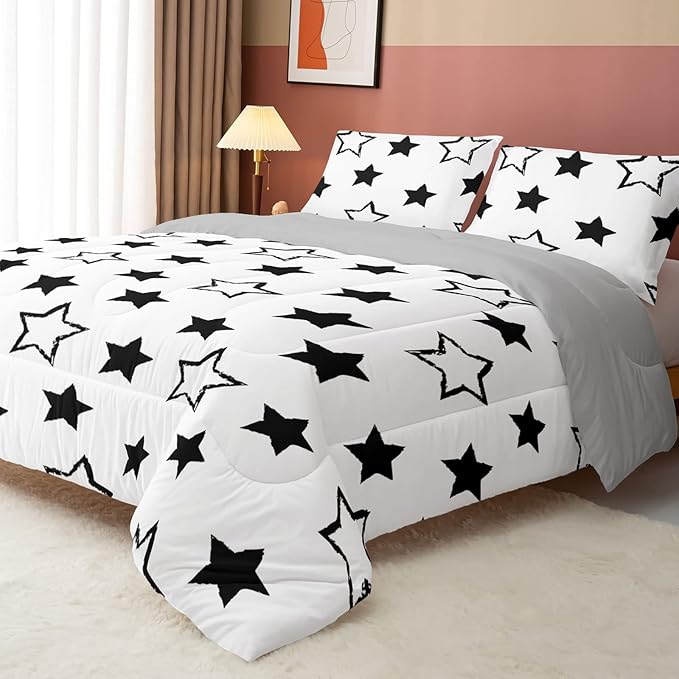 Axolotl Kids Twin Bedding Comforter Set,3Pcs Super Cute Soft Black and White Stars Quilt Set Bed in A Bag with 1 Comforter 2 Pillowcases for Kids Boys Girls Teens Adults Room Decor All Season - LeafyLoom