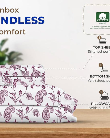 THREAD SPREAD 100% Egyptian Cotton Printed Bed Sheets - 600 Thread Count 4 PC Full Sheet Set, Hotel Luxury Sateen Bedsheets, 16" Deep Pocket Extra Soft Cooling Sheets for Full Size Bed - Paisley - LeafyLoom