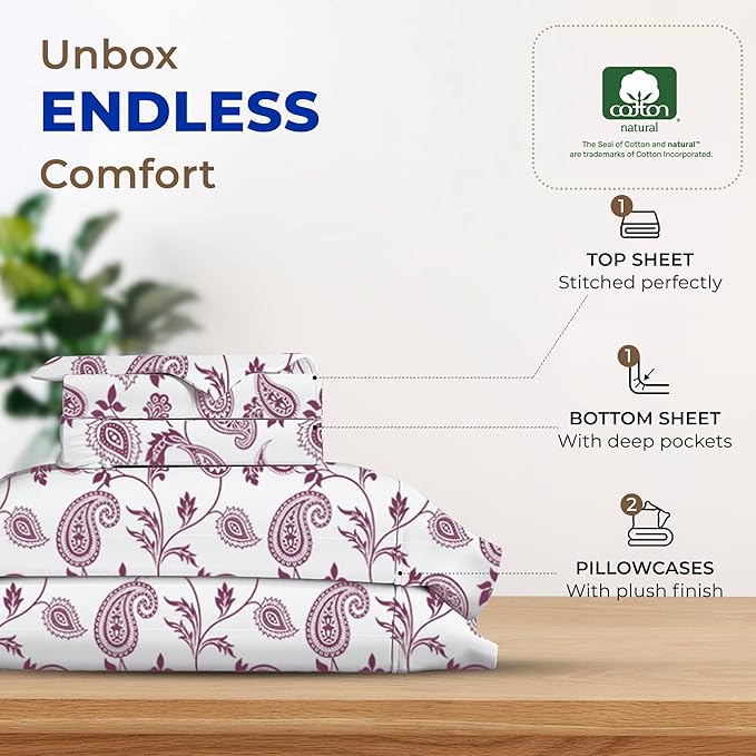 THREAD SPREAD 100% Egyptian Cotton Printed Bed Sheets - 600 Thread Count 4 PC Full Sheet Set, Hotel Luxury Sateen Bedsheets, 16" Deep Pocket Extra Soft Cooling Sheets for Full Size Bed - Paisley - LeafyLoom