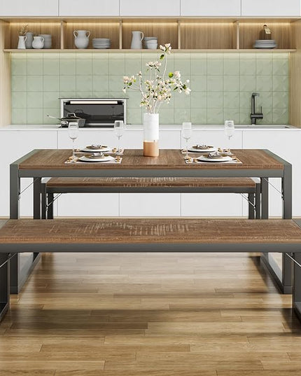 SHA CERLIN 3-Piece Dining Table Set with 2 Benches, Rustic Kitchen Table Set for 4-6, Space-Saving Dinette, Sturdy Structure, Easy Assemble, Brown/Grey - LeafyLoom