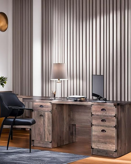 Modern Executive Desk, 59" Vintage Farmhouse Study Writing Desk with Storage Drawers, Industrial Wood Computer Manager's Desk with Knee Space for Home Office, Walnut - LeafyLoom