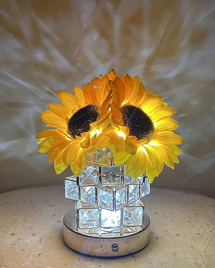 Sunflowers Lamp Touch Lam Artificial LED Sunflower Flowers with Glass Vase Table Lamp Night Light for Home Office Decor House Decorations Gift Idea - Rechargeable (Crystal Magic Cube Sunflower) - LeafyLoom