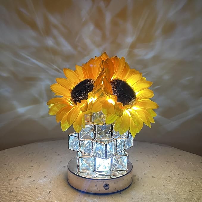 Sunflowers Lamp Touch Lam Artificial LED Sunflower Flowers with Glass Vase Table Lamp Night Light for Home Office Decor House Decorations Gift Idea - Rechargeable (Crystal Magic Cube Sunflower) - LeafyLoom