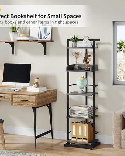 Bookshelf 5-Tier Book shelf - Narrow Wood Bookcase Tall Corner Book Shelves Storage Organizer Display Book Rack for Living Room Bedroom Office Home Grey - LeafyLoom