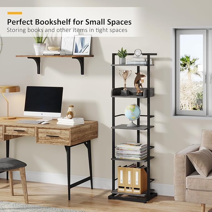 Bookshelf 5-Tier Book shelf - Narrow Wood Bookcase Tall Corner Book Shelves Storage Organizer Display Book Rack for Living Room Bedroom Office Home Grey - LeafyLoom