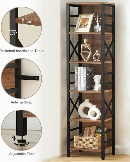 Bookcase, Narrow Bookcase with Cube Storage Shelf, Industrial 6 Tier Slim Bookshelf,Skinny Bookseca for Corner Small Space, Living Room, Bedroom and Home Office, Brown - LeafyLoom