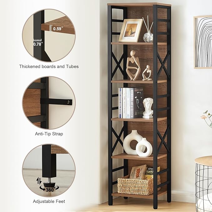 Bookcase, Narrow Bookcase with Cube Storage Shelf, Industrial 6 Tier Slim Bookshelf,Skinny Bookseca for Corner Small Space, Living Room, Bedroom and Home Office, Brown - LeafyLoom