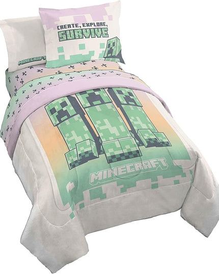 Minecraft Creeper Twin Comforter Set - 5 Piece Bedding includes Sheet Set & Pillow Covers - Super Soft Pink & Green Kids Bedding - LeafyLoom