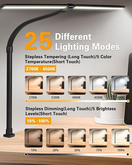 Led Desk Lamp for Office Home - 24W Double Head Architect Desk Light with Clamp & Timer, Eye Caring Folding Table Lamp Gaming Desktop Computer LED Lights Desk Supplies for Workbench Studing Drafting - LeafyLoom
