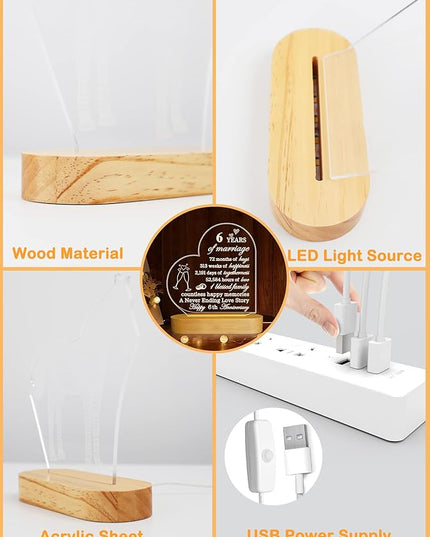 FULLOSUN Anniversary Wedding Gifts for Him/Her, I Love You Night Light 3D Illusion Lamp for Couple Wife Husband Romantic Valentines Wedding Day Present (6th) - LeafyLoom