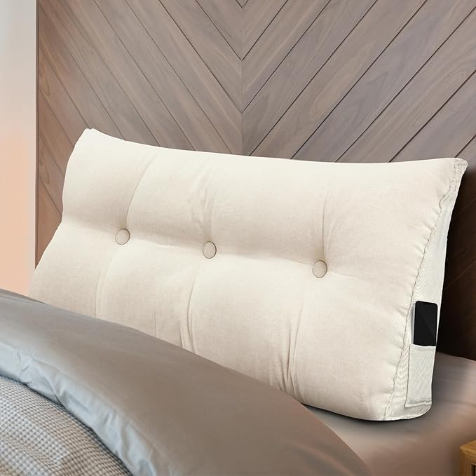 Headboard Wedge Pillow Triangular Bed Rest Reading Backrest Body Bolster Cushion Back Support Long Bolster Pillow for Bed Gifts with Removable Cover (Beige,Twin (39 x 20 x 8 Inch)) - LeafyLoom