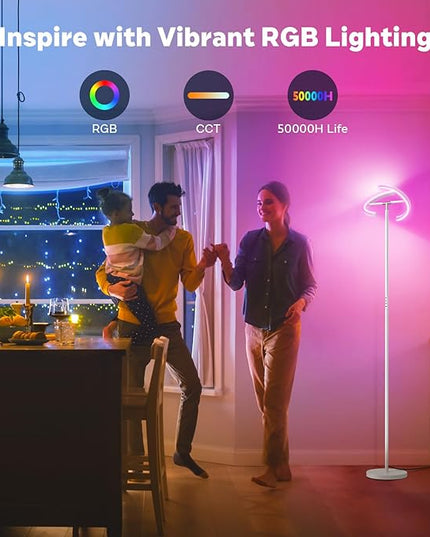 White RGBCW Floor Lamp, Bright Color Changing RGB Standing Lamp, Modern Stepless Dimmable LED Tall Lamp with Remote Control, 20W 3000-6000K Floor Lamps for Living Room, Bedroom, Office - LeafyLoom