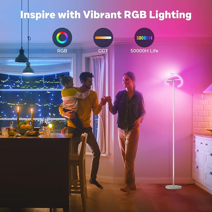 White RGBCW Floor Lamp, Bright Color Changing RGB Standing Lamp, Modern Stepless Dimmable LED Tall Lamp with Remote Control, 20W 3000-6000K Floor Lamps for Living Room, Bedroom, Office - LeafyLoom