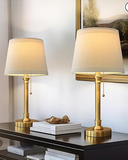 Oneach Modern Gold Brass Table Lamp Set of 2 for Bedroom Living Room 19.5'' Traditional Bedside Desk Nightstand Buffet Candlestick Samll Lamps with White Drum Shade - LeafyLoom