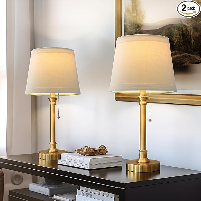 Oneach Modern Gold Brass Table Lamp Set of 2 for Bedroom Living Room 19.5'' Traditional Bedside Desk Nightstand Buffet Candlestick Samll Lamps with White Drum Shade - LeafyLoom