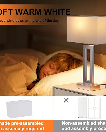 Nightstand Table Lamps for Bedrooms Set of 2 - Touch Bedside Lamp with USB C+A, 3 Way Dimmable Living Room Lamps for End Tables Set of 2, Modern Night Stand Lamps for Bed Side(White&Silver) - LeafyLoom