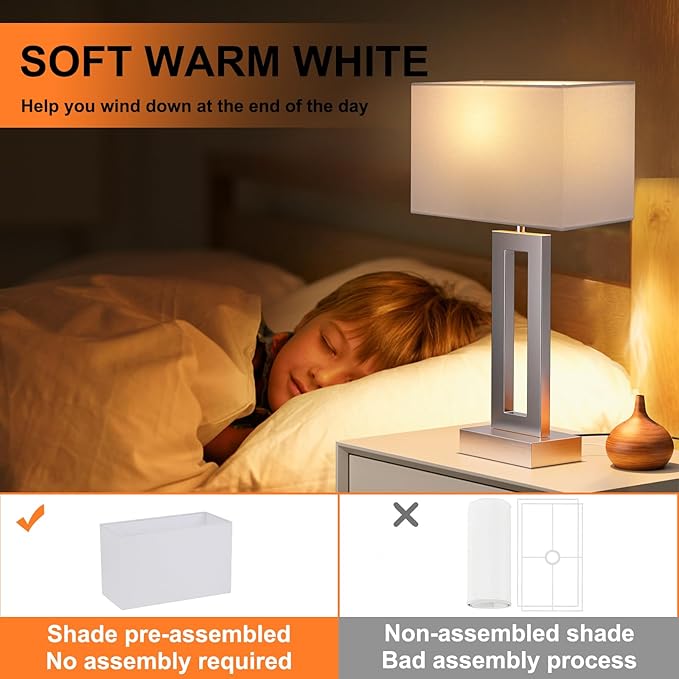 Nightstand Table Lamps for Bedrooms Set of 2 - Touch Bedside Lamp with USB C+A, 3 Way Dimmable Living Room Lamps for End Tables Set of 2, Modern Night Stand Lamps for Bed Side(White&Silver) - LeafyLoom