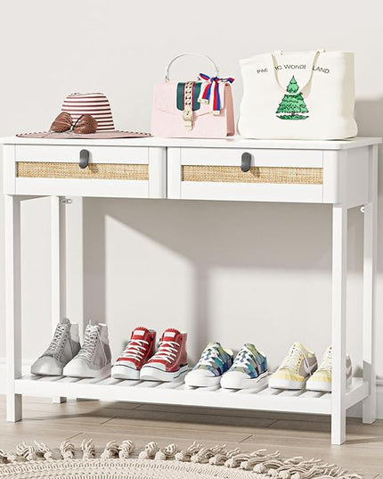 Knowlife Rattan Console Table with Drawers, Entryway Table Sofa Table with Storage Shelf, Narrow Long Behind Couch Table for Entryway, Living Room, Hallway, White - LeafyLoom