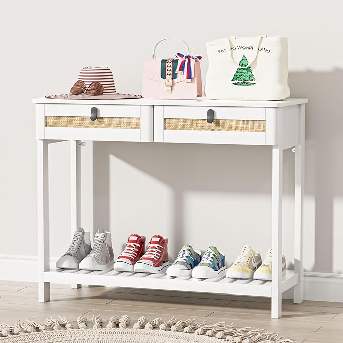 Knowlife Rattan Console Table with Drawers, Entryway Table Sofa Table with Storage Shelf, Narrow Long Behind Couch Table for Entryway, Living Room, Hallway, White - LeafyLoom