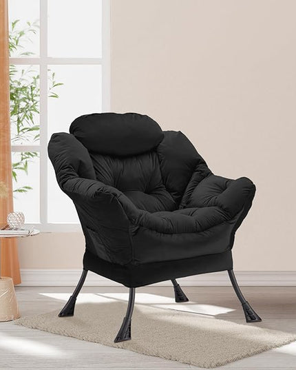 Lazy Chair Thick Padded, Accent Chair Velvet Upholstered with Wide Seat, Stable Metal Frame and Non-Slip Pad, Modern Sofa Armchair with Side Storage Bag for Dorm, Room, Office, Black - LeafyLoom