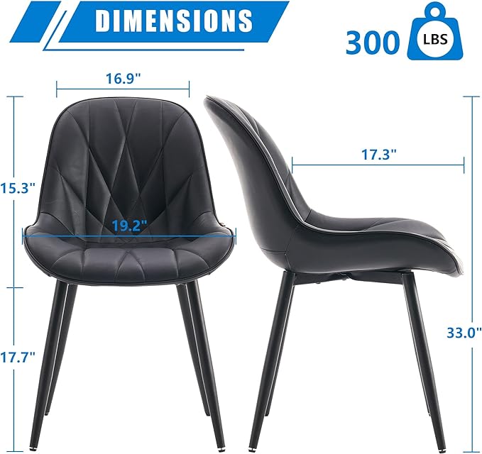 YOUNIKE Dining Chairs Set of 2, Black Modern Kitchen Chairs with Adjustable Feet, Mid Century Faux Leather Upholstered Dining Room Chairs, 300LBS Support Elegant Dinning Chairs Side Chairs - LeafyLoom