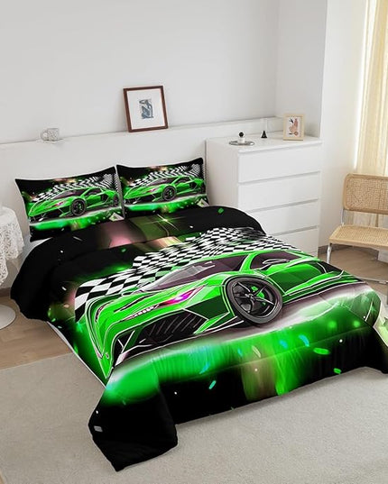 Feelyou Race Car Bedding Set Queen Size,Boys Extreme Sports Comforter Set for Kids Boys Car Racing Gifts,Green Cool Car Comforter Car Sports Quilt Set 1 Comforter with 2 Pillowcase Car Racing Gifts - LeafyLoom