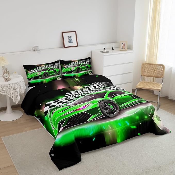 Feelyou Race Car Bedding Set Queen Size,Boys Extreme Sports Comforter Set for Kids Boys Car Racing Gifts,Green Cool Car Comforter Car Sports Quilt Set 1 Comforter with 2 Pillowcase Car Racing Gifts - LeafyLoom
