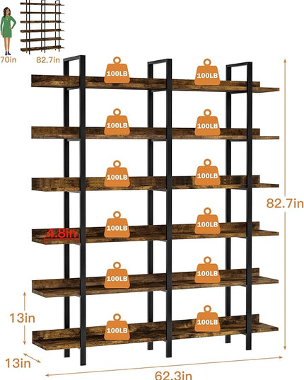 Bookshelf, 82.7" Double Wide 6 Tier Industrial Wooden Bookcase Large Wall Etagere Rustic Vintage Tall Book Shelf with Metal Frame Open Storage Rack for Living Room Home Office - LeafyLoom