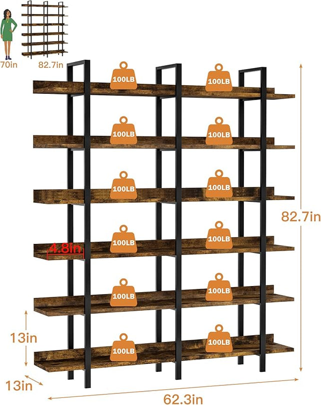 Bookshelf, 82.7" Double Wide 6 Tier Industrial Wooden Bookcase Large Wall Etagere Rustic Vintage Tall Book Shelf with Metal Frame Open Storage Rack for Living Room Home Office - LeafyLoom