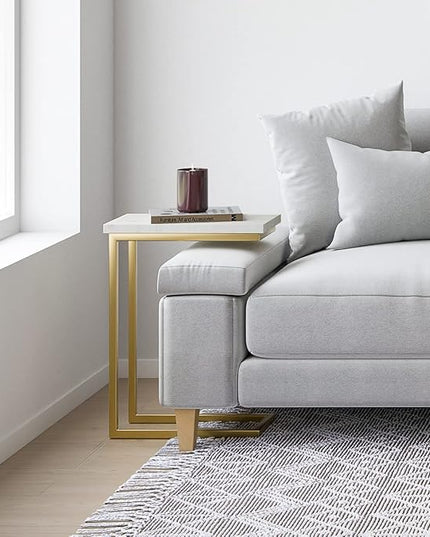 SIMPLIHOME Skyler Industrial 18 Inch Wide Metal C Side Table in Marble Top / Gold, Fully Assembled, For the Living Room and Bedroom - LeafyLoom