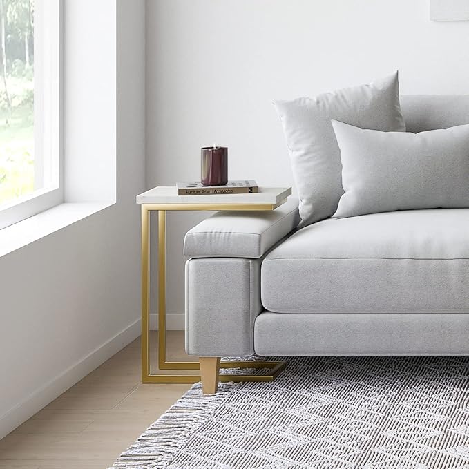 SIMPLIHOME Skyler Industrial 18 Inch Wide Metal C Side Table in Marble Top / Gold, Fully Assembled, For the Living Room and Bedroom - LeafyLoom