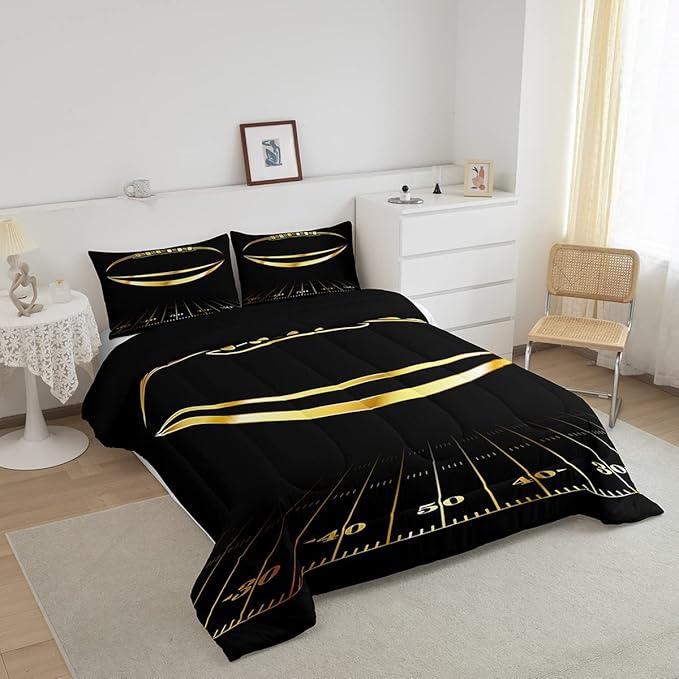 Feelyou Football Bedding Set Twin Kids Rugby Sports Comforter Set American Football Comforter Set for Boys Golden Black Room Decor Lightweight Quilt Set with 1 Pillow Case - LeafyLoom