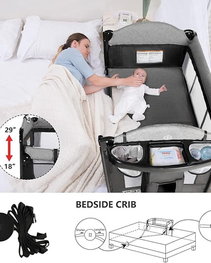 Kinder King 4 in 1 Portable Nursery Center, Foldable Baby Bedside Crib w/Bassinet, Infant Pack n Play Playard Toddler Large Playpen, Newborn Changing Table, Storage Basket, Side Zipper - LeafyLoom