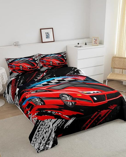 Car Bedding Set for Boys Queen Size Racing Sports Car Comforter Kids Extreme Sports Theme Comforter Set Girls Children Bedroom Teens Cool Speed Automobile Decor Bed Duvet Set Soft Lightweight - LeafyLoom