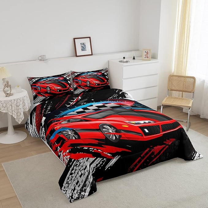 Car Bedding Set for Boys Queen Size Racing Sports Car Comforter Kids Extreme Sports Theme Comforter Set Girls Children Bedroom Teens Cool Speed Automobile Decor Bed Duvet Set Soft Lightweight - LeafyLoom