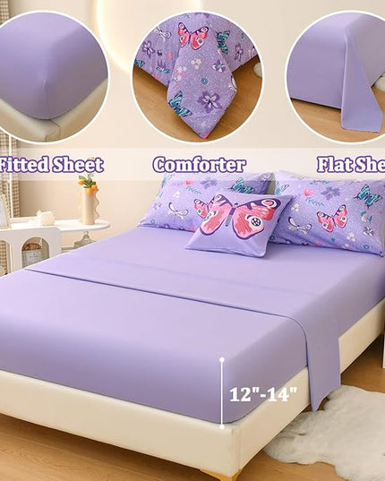 Butterfly Bedding Set Full, Purple Butterfly Comforter Set for Girls Kids Teens 6 pcs Bed in a Bag Full Bedding Sets for Girls - LeafyLoom