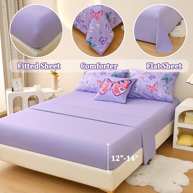 Butterfly Bedding Set Full, Purple Butterfly Comforter Set for Girls Kids Teens 6 pcs Bed in a Bag Full Bedding Sets for Girls - LeafyLoom