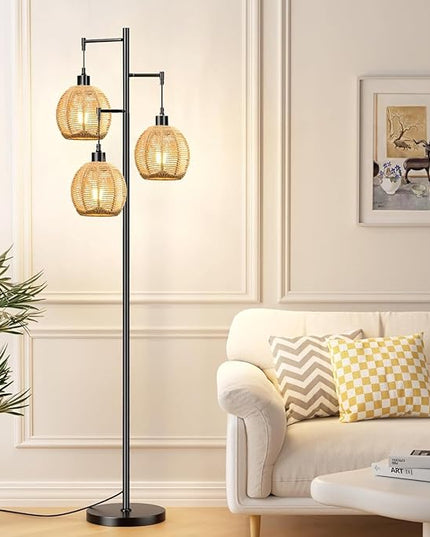 Floor Lamp for Living Room,Bedroom,Boho Rattan Floor Lights,Tree 3 Bulb Standing Lamp Farmhouse Industrial Black Tall Lamp,Wicker Bamboo Lamp Shade Flower Floor Lamps Bohemian Decor - LeafyLoom