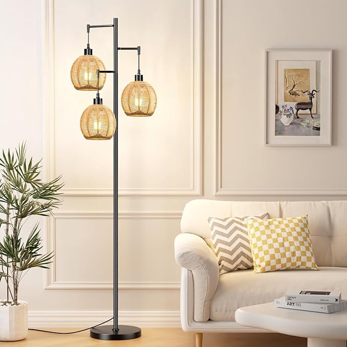 Floor Lamp for Living Room,Bedroom,Boho Rattan Floor Lights,Tree 3 Bulb Standing Lamp Farmhouse Industrial Black Tall Lamp,Wicker Bamboo Lamp Shade Flower Floor Lamps Bohemian Decor - LeafyLoom