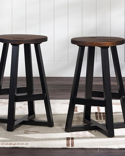Walker Edison Rustic Distressed Solid Wood Round Dining Room Counter Top Bar Stool, 24 Inch, Mahogany - LeafyLoom