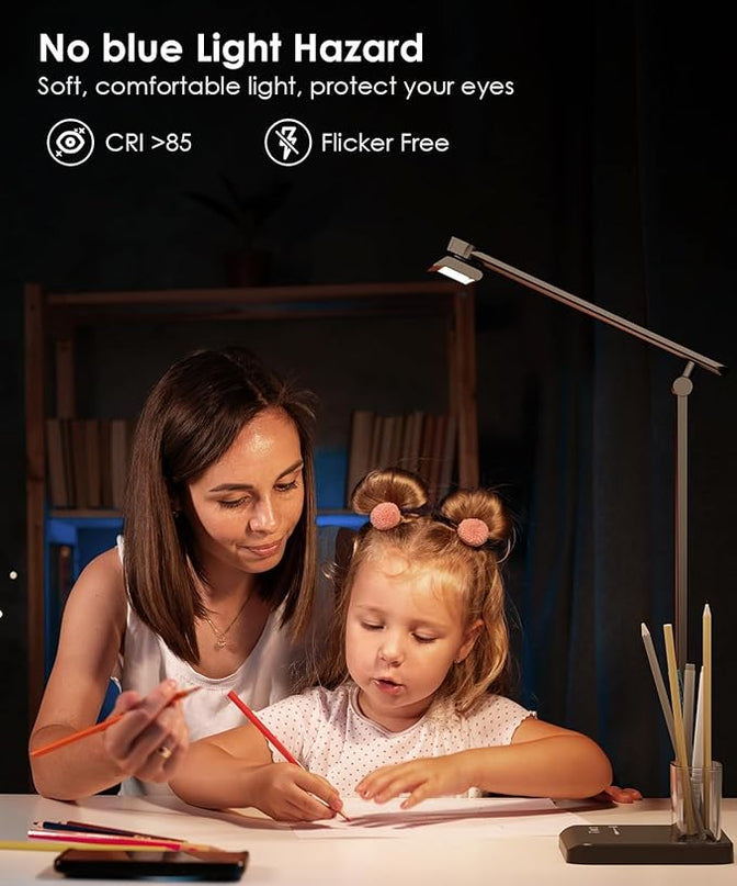 LED Desk Lamp with USB Charging Port, Eye-Caring Table Lamp, Touch Control Dimmable 5 Color Modes, 45 Min Auto-Off Timer, Foldable Study Desk Light for Home Office College Dorm & Reading - LeafyLoom