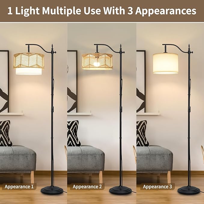 Frideko Boho Floor Lamp with Remote Control & Dimmable LED Bulb, Rattan Standing Lamp with 3 Color Temperatures, Bright Farmhouse Floor Light, Rustic Corner Floor Lamp, Tall Floor Lamp for Living Room - LeafyLoom