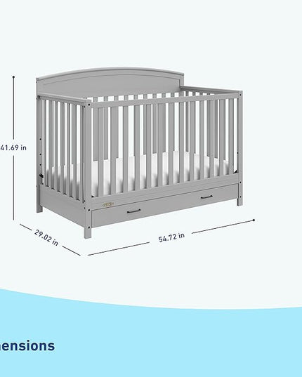 Graco Benton 5-in-1 Convertible Crib with Drawer (Pebble Gray) -Converts from Baby Crib to Toddler Bed, Daybed and Full-Size Bed,Fits Standard Full-Size Crib Mattress, Adjustable Mattress Support Base - LeafyLoom