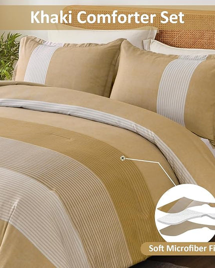WONGS BEDDING Comforter Set Queen, Reversible Yellow Striped Patchwork Down Alternative Comforter for Queen Bed,3 Pieces (1 Comforter+2 Pillowcases), Soft Microfiber Bedding Set 90"×90" - LeafyLoom