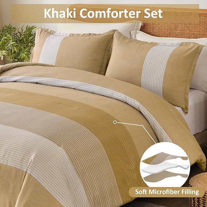 WONGS BEDDING Comforter Set Queen, Reversible Yellow Striped Patchwork Down Alternative Comforter for Queen Bed,3 Pieces (1 Comforter+2 Pillowcases), Soft Microfiber Bedding Set 90"×90" - LeafyLoom