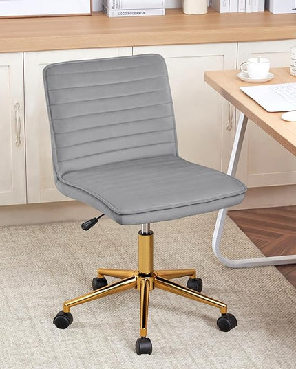 Furniliving Home Office Chair, Armless Vanity Chair with Wheels Swivel Velvet Computer Rolling Desk Chair with Back, Adjustable Accent Chair with Gold Metal Base Stool Chair,Gray - LeafyLoom