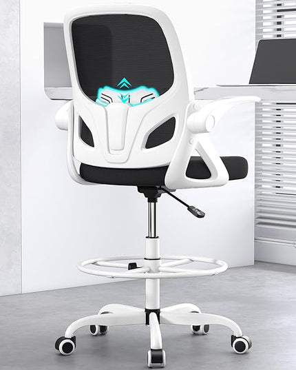 Drafting Chair Tall Office Chair for Standing Desk Adjustable Tall Desk Chair with Footrest Ring and Lumbar Support Ergonomic Computer Chair with Flip-up Armrests (White) - LeafyLoom
