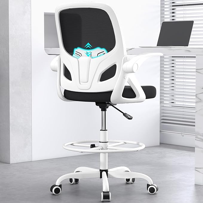 Drafting Chair Tall Office Chair for Standing Desk Adjustable Tall Desk Chair with Footrest Ring and Lumbar Support Ergonomic Computer Chair with Flip-up Armrests (White) - LeafyLoom