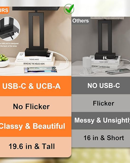 Nightstand Table Lamps for Bedrooms Set of 2 - Touch Bedside Lamp with USB C+A, 3 Way Dimmable Living Room Lamps for End Tables Set of 2, Modern Night Stand Lamps for Bed Side Guest Room(Black) - LeafyLoom