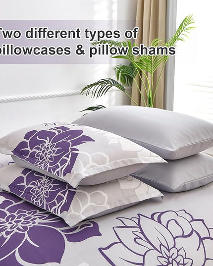 Purple Comforter Set King 7 Piece Bed in a Bag Purple Floral Comforter with Sheet Set Soft Micorfiber Reversible Bedding Set (1 Comforter,2 Pillow Shams,1 Flat Sheet,1 Fitted Sheet,2 Pillowcases) - LeafyLoom
